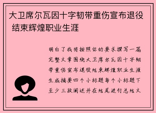 大卫席尔瓦因十字韧带重伤宣布退役 结束辉煌职业生涯